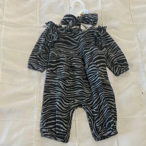 Jessica Simpson Zebra Print Baby’s Romper with Headband - Black and Gray